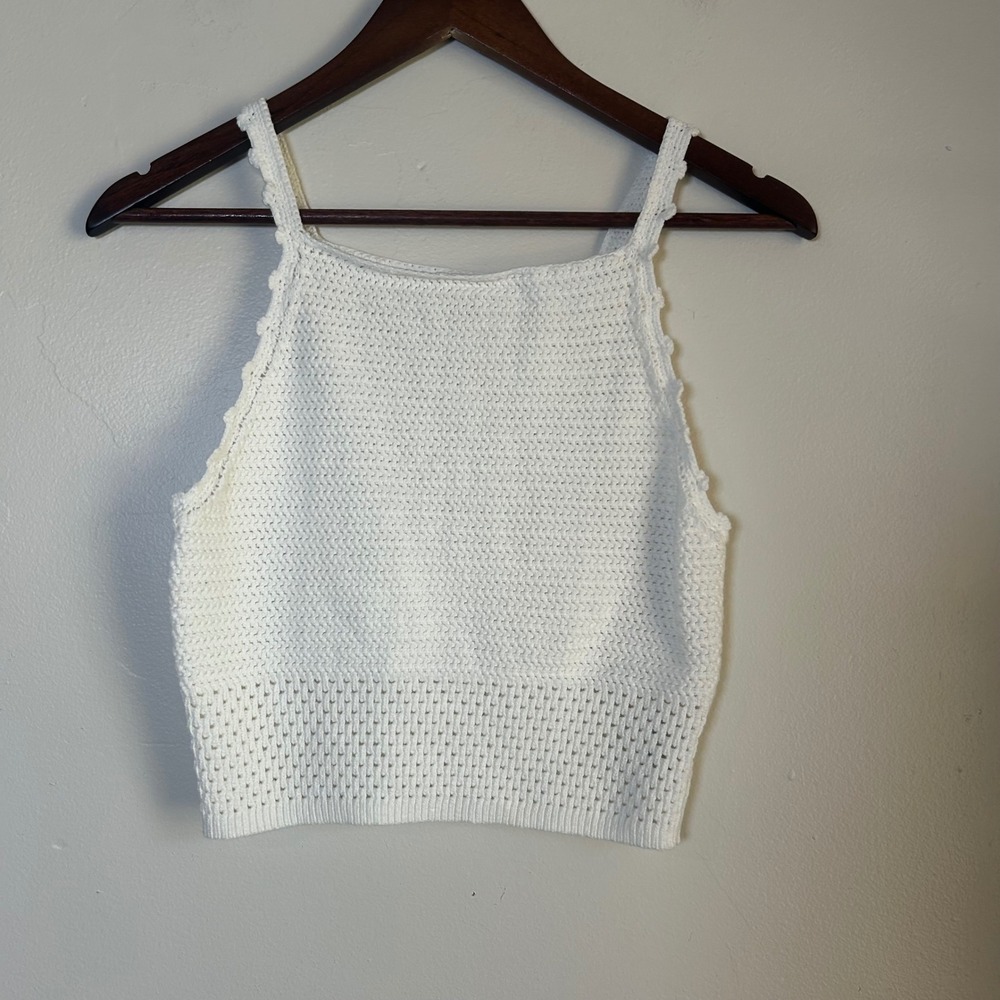 EUC Wilfred Tank Top Crochet Knit Size M White Scalloped Trim Square Neck